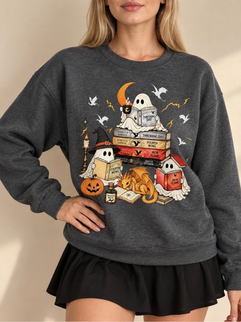Fourth Wing Ghost Book Dragon Charcoal Spooky Bookish Gildan Sweatshirt